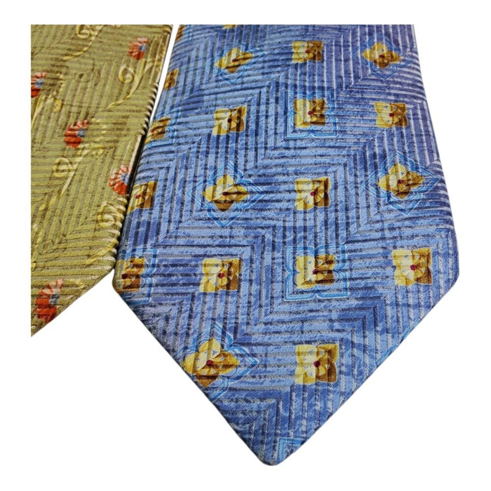 Ermenegildo Zegna 2 Luxury Silk Ties Elegant Floral &Geometric Pattern Blue Gold - Picture 5 of 9